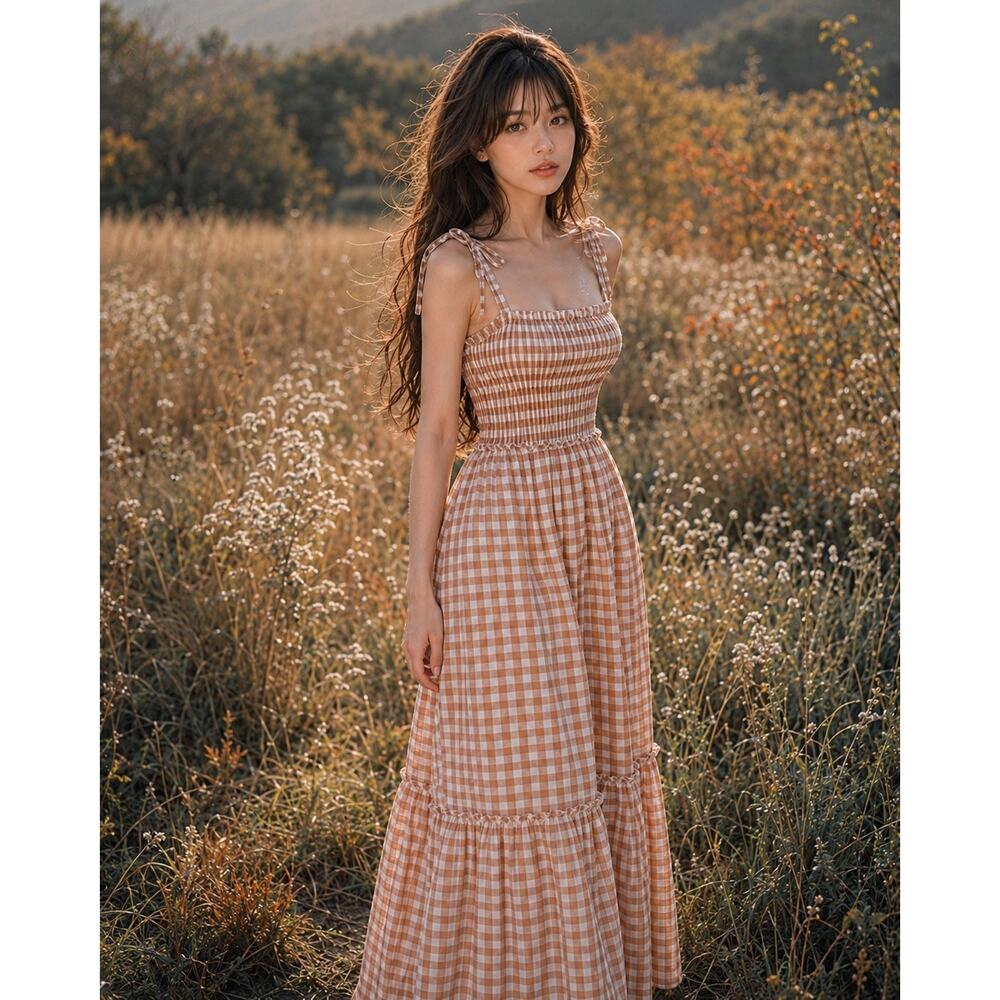 Picnic in the Orchard gingham smocked twirly maxi dress cottagecore M